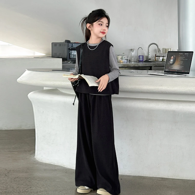 女童套装春秋款2025洋气新款儿童中大童6-12岁15岁早秋马甲阔腿裤