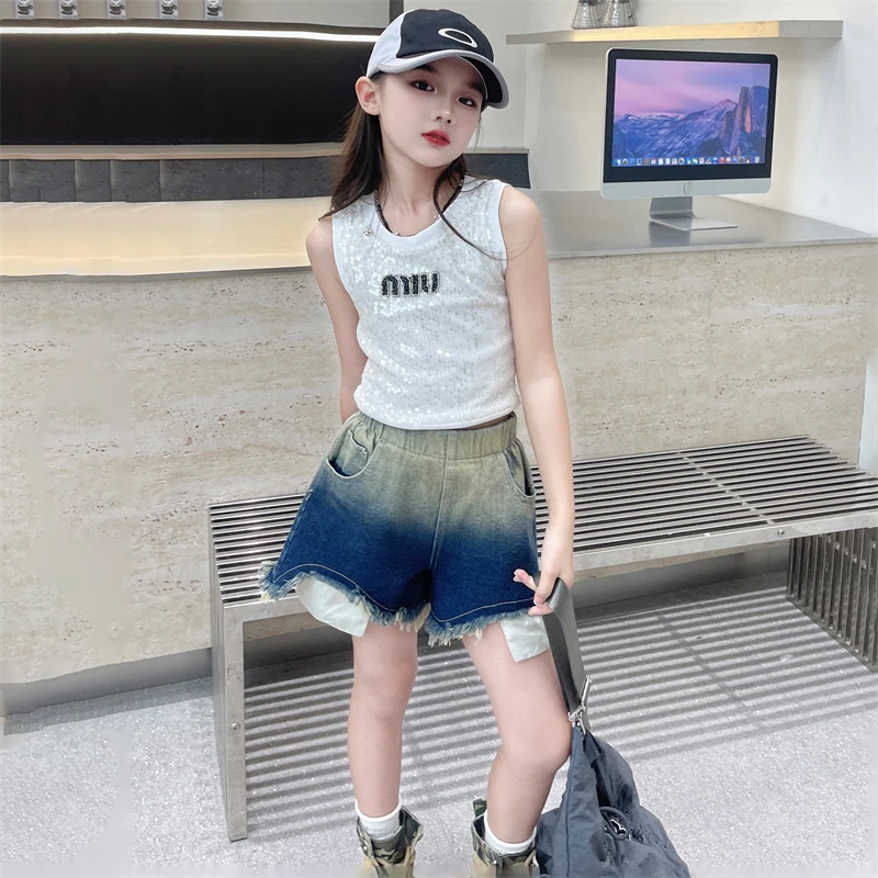 女童潮酷套装夏季2024新款女孩6-12岁夏装洋气牛仔短裤韩系背心8