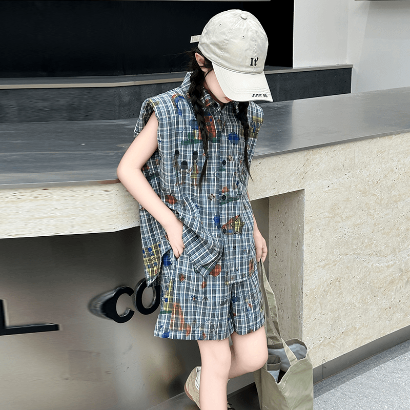 女童夏季时髦涂鸦衬衫套装2024洋气新款中大儿童8-15岁休闲两件套