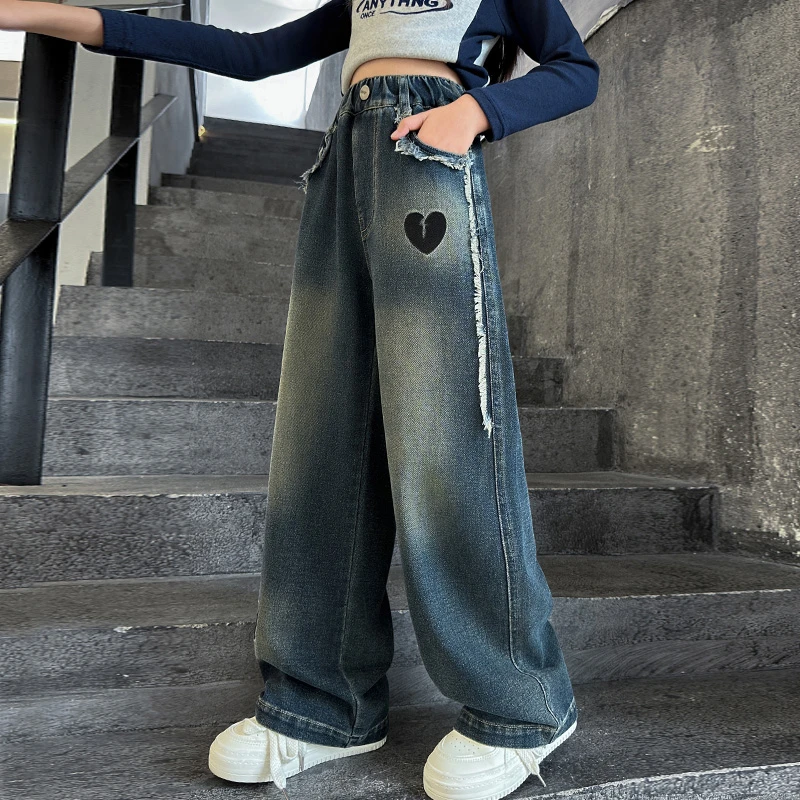 女童裤子春秋款2024新款洋气中大儿童6-12岁15秋季时尚牛仔阔腿裤