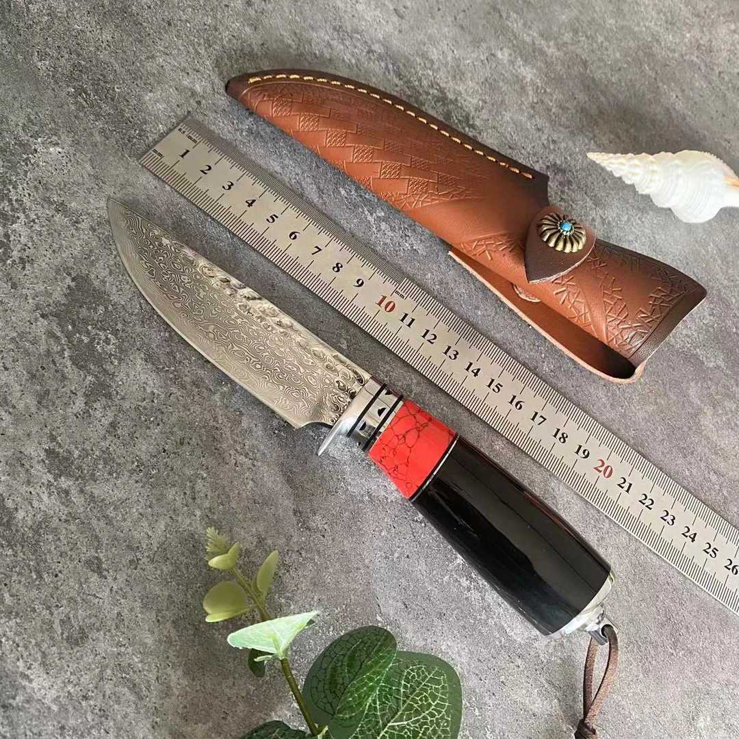 大马士革VG10钢户外野营高硬度锋利小刀防身求生刀露营生存刀具