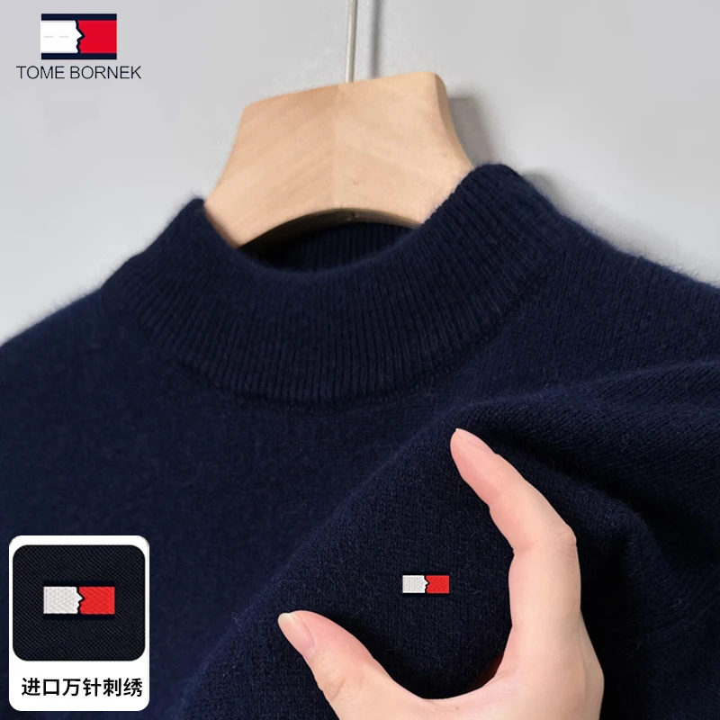 汤米秋冬季加厚半高领毛衣中年男士休闲刺绣针织打底衫男装上衣