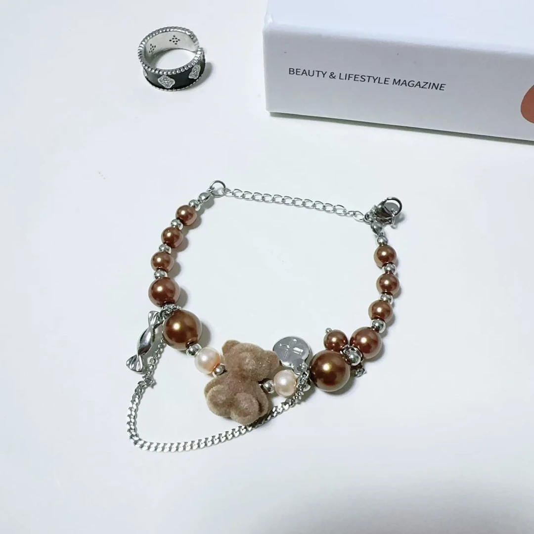 非金属仿珍珠手链 韩系东大门美拉德小熊手链SL5013