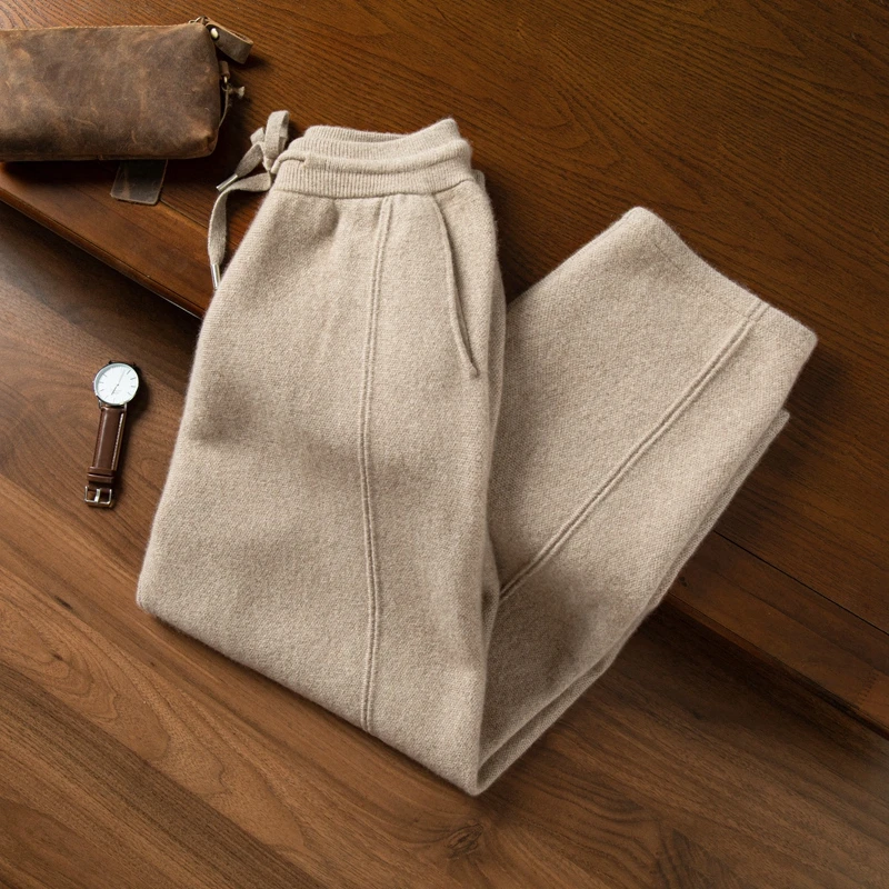 高端品质秋冬100%山羊绒裤子男外穿双股加厚针织裤男裤休闲裤长裤