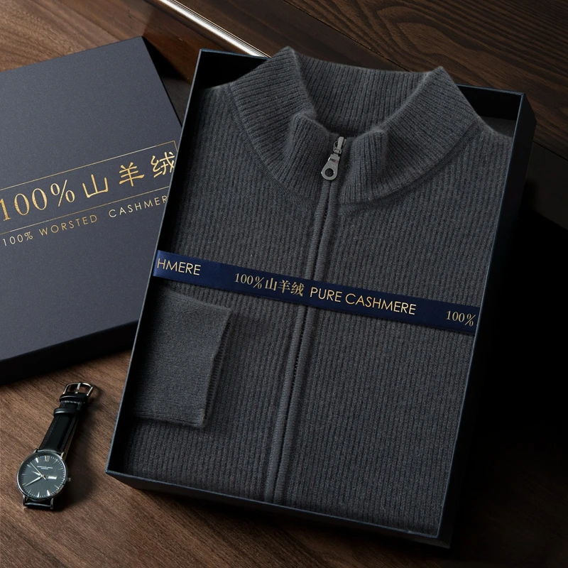 秋冬半高领羊绒开衫男外套休闲大码宽松100%山羊绒毛衣外搭上衣