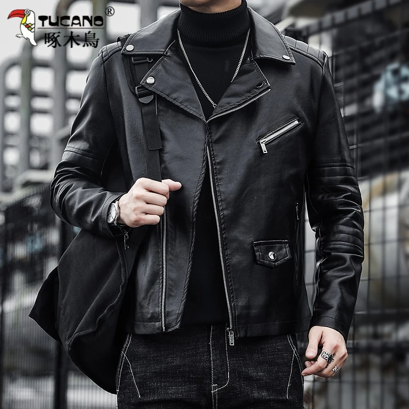 TUCANO/啄木鳥春秋海宁皮衣男士百搭西装领修身机车服商务皮夹克