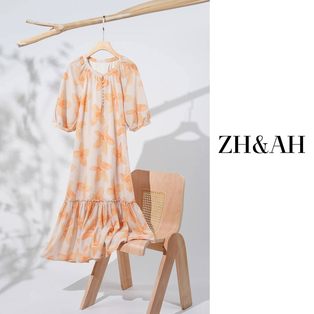 ZH&AH【风吹半夏】夏季新款时尚气质百搭设计师款孕期乔其纱连衣裙