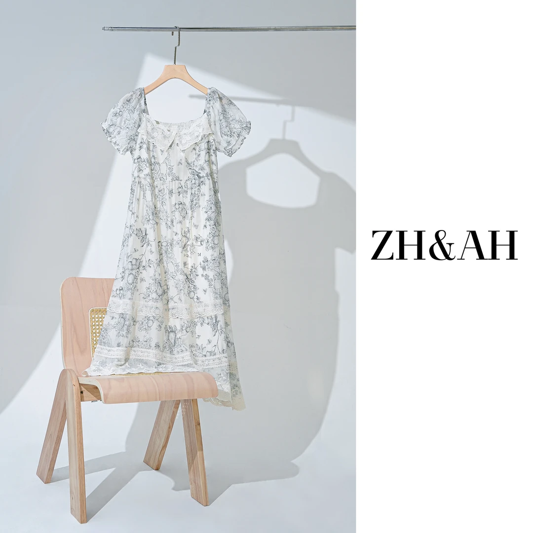 ZH&AH【烟雨江南】孕期夏季新款气质碎花新中式国风水墨蕾丝仙女裙