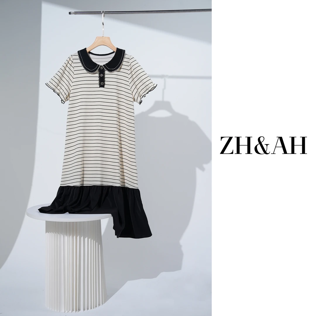 ZH&AH孕期夏季新款时尚休闲减龄撞色polo乖乖女条纹鱼尾拼接裙