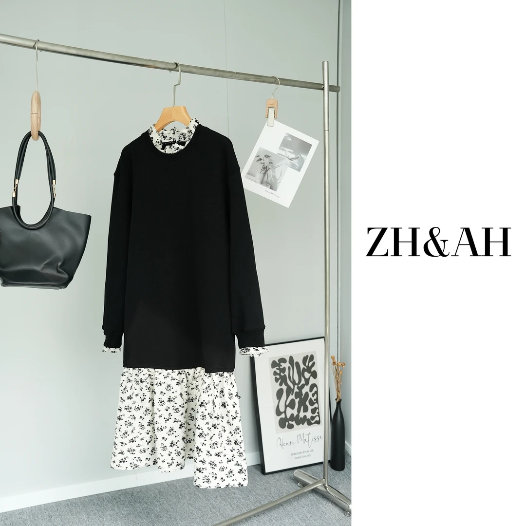 ZH&AH【巴黎印象】秋季新款时尚气质百搭设计感孕期拼接碎花连衣裙