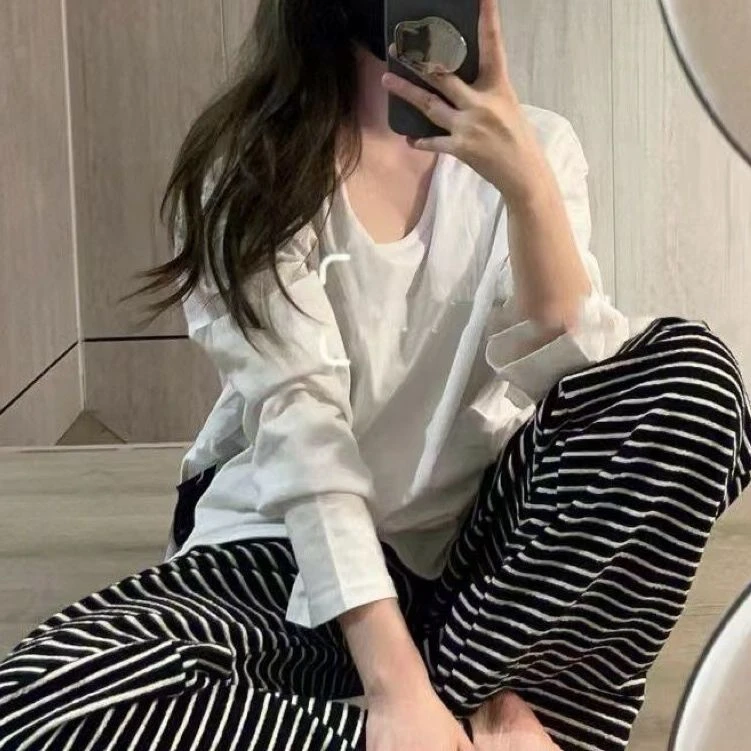 特大码300可穿条纹睡裤女春夏秋冬季宽松休闲裤直筒简约家居裤女