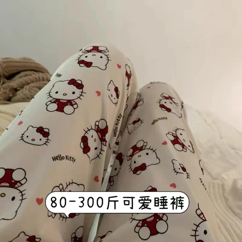 遛弯裤子!白底KT猫印花睡裤女可外穿韩版宽松休闲居家卡通宿舍裤