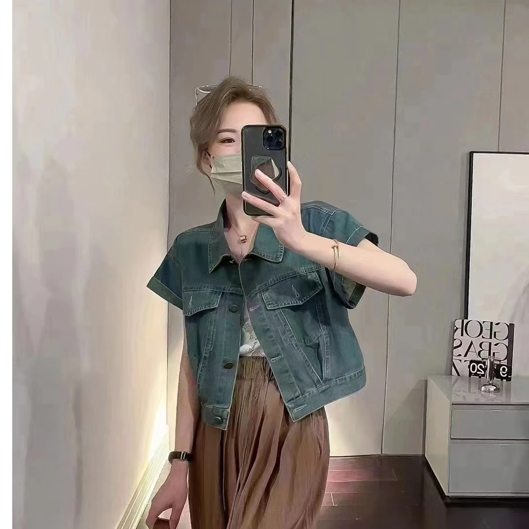 复古休闲套装女装牛仔衬衫外套上衣夏季