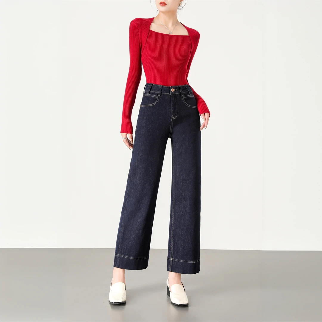 冬季爆款丹宁蓝直筒牛仔裤女高腰宽松百搭直筒显瘦小个子牛仔裤女