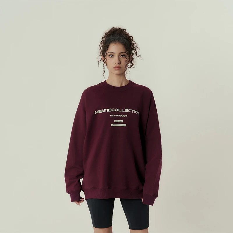 11E 植绒美式复古学院千禧运动俱乐部圆领卫衣男女400g外套春秋