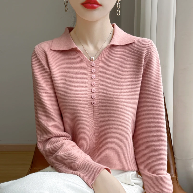 新款翻领上衣女秋冬毛衣长袖针织衫百搭打底衫纯色