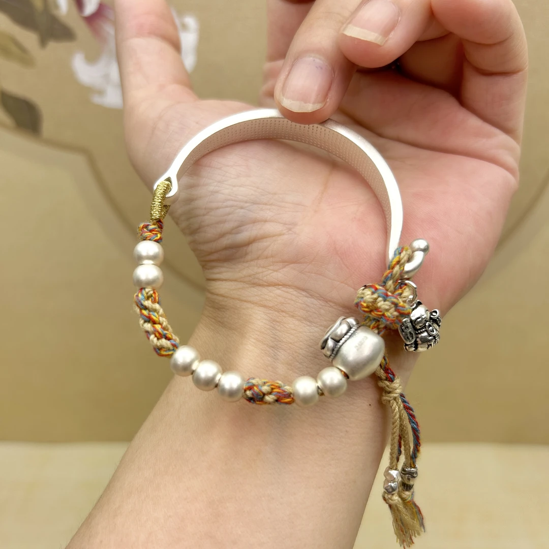 足银布艺手链 足银半镯古法珠时尚古风手绳复古编织编绳饰品配饰