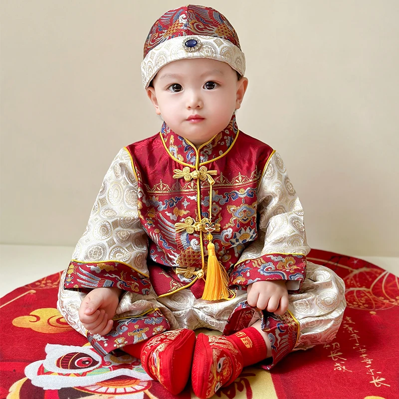 宝宝抓周礼服春秋新中式男童一周岁宴生日套装婴幼儿百天喜庆唐装