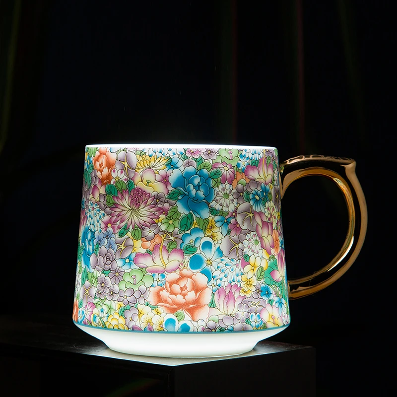 万花珐琅彩陶瓷茶杯茶水分离杯子家用带盖茶漏中式大容量杯主人杯