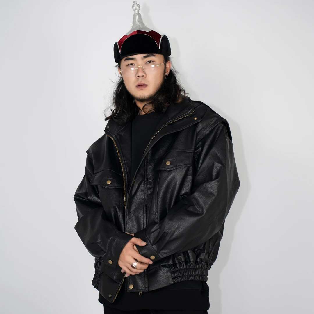 KHUNAN双11秋冬复古皮衣荔枝纹机车宽松韩版短款立领夹克外套皮衣