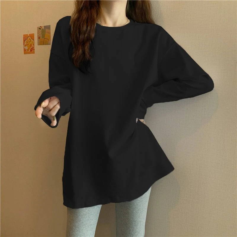 100%纯棉长袖t恤女春秋2023新款宽松常规款百搭纯色打底韩版上衣
