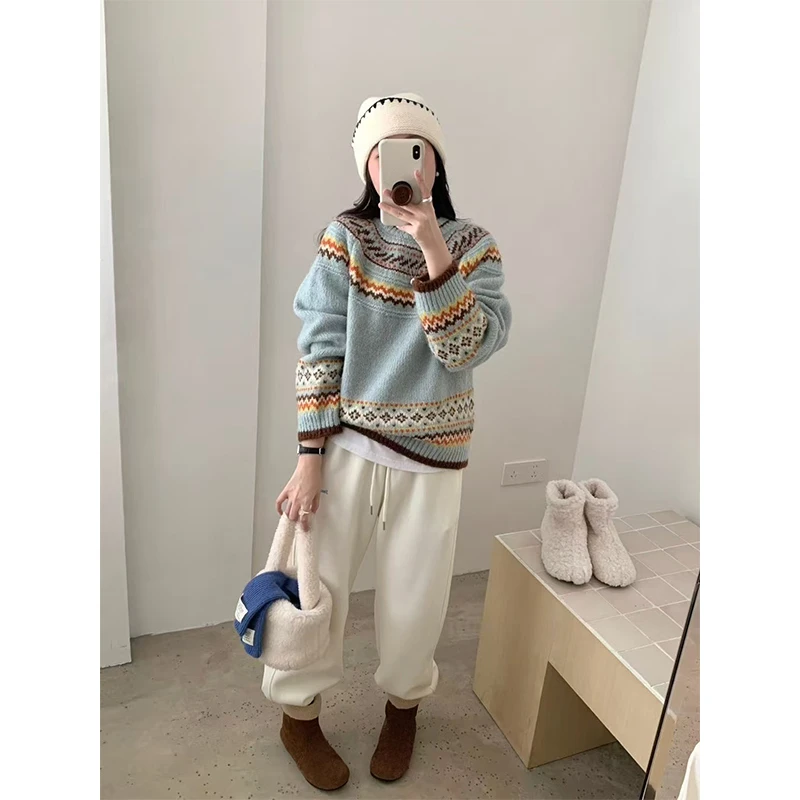 费尔岛休闲风格宽松提花纯色厚款毛针织衫羊毛衫时尚圆领韩版复古