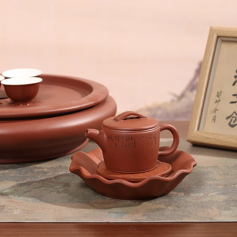 宜兴家用朱泥汉瓦壶潮州泡茶壶刻字三杯功夫茶工夫小茶壶宜兴朱泥