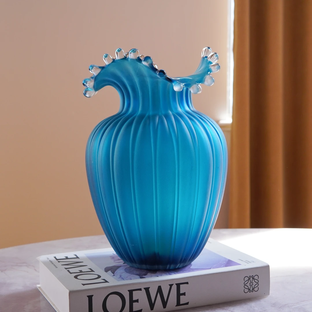 【一树时间】欧式简约波浪口磨砂蓝色条纹玄关创意玻璃花瓶大气客厅