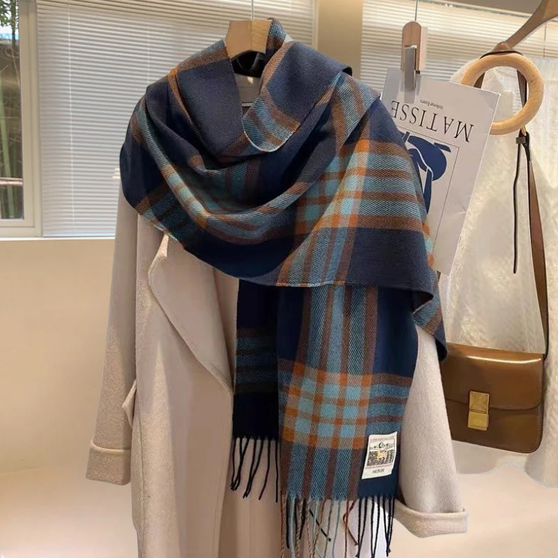 新款日系蓝格围巾冬季百搭保暖秋冬日系学生情侣围巾仿羊绒披肩女