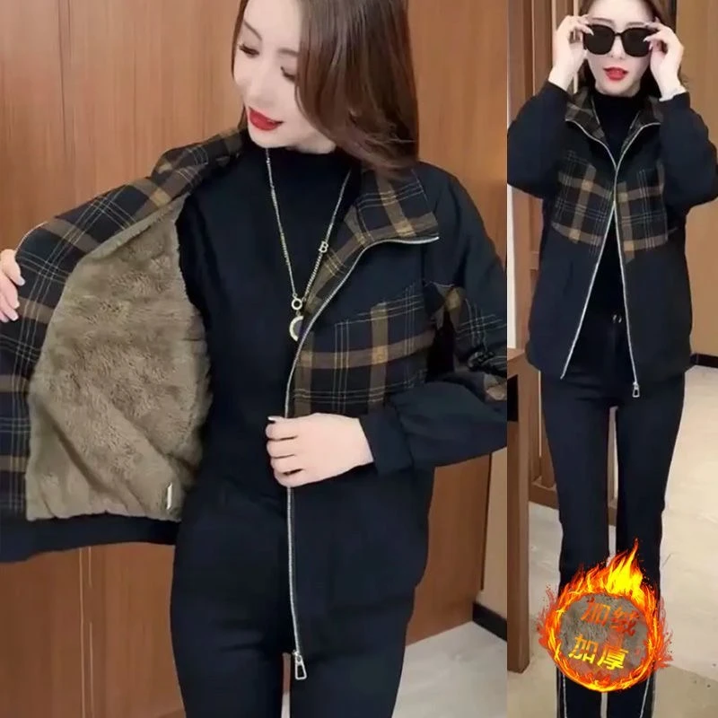 2024外套秋季新款洋气拼接减龄百搭时尚休闲夹克开衫上衣加绒加厚