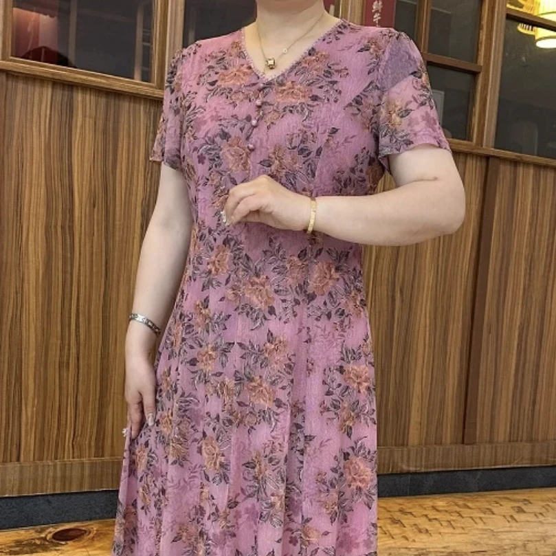 2024夏装新款中年妈妈气质肚子碎花网纱裙子高档正版连衣裙女士
