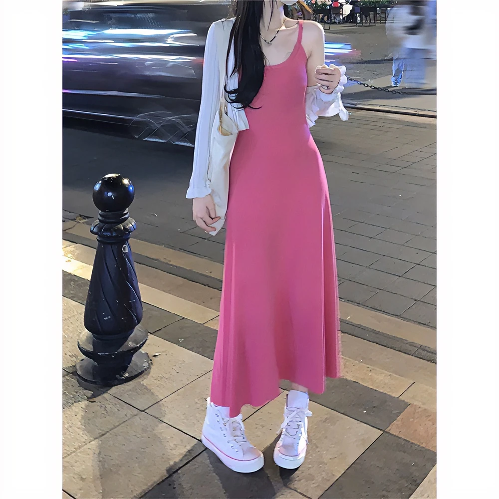 针织吊带粉色连衣裙女夏季新款外穿辣妹chic收腰修身内搭气质长裙