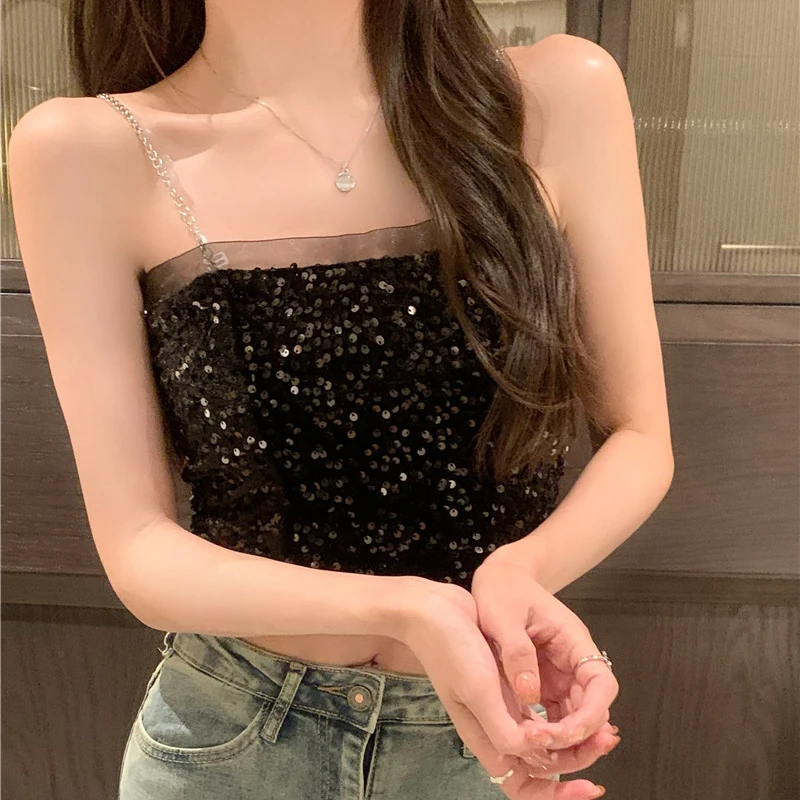 【千亿专属】辣妹链条肩带Bling亮片吊带女夏季氛围感短款背心上衣