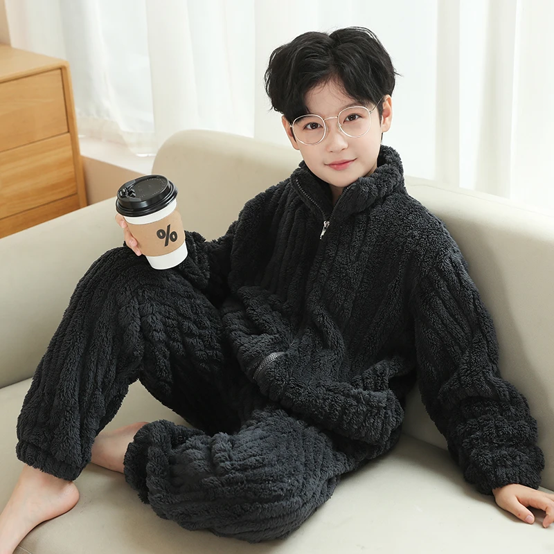大童家居服男童12-15岁秋冬季儿童加厚保暖珊瑚绒套装中大童外穿