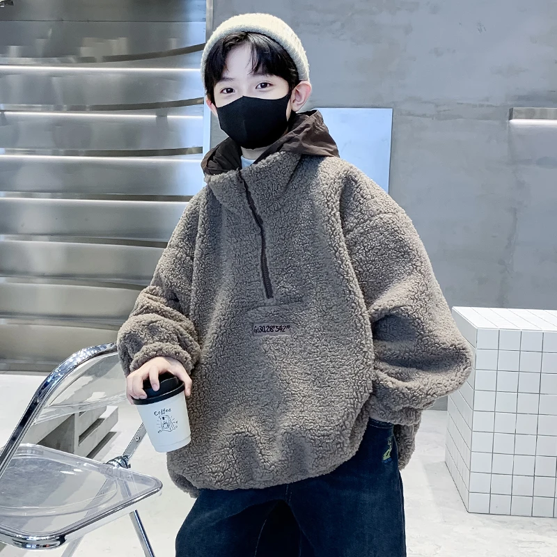 男童卫衣加厚加绒10-15岁2024新款儿童两面穿套头上衣毛毛外套潮