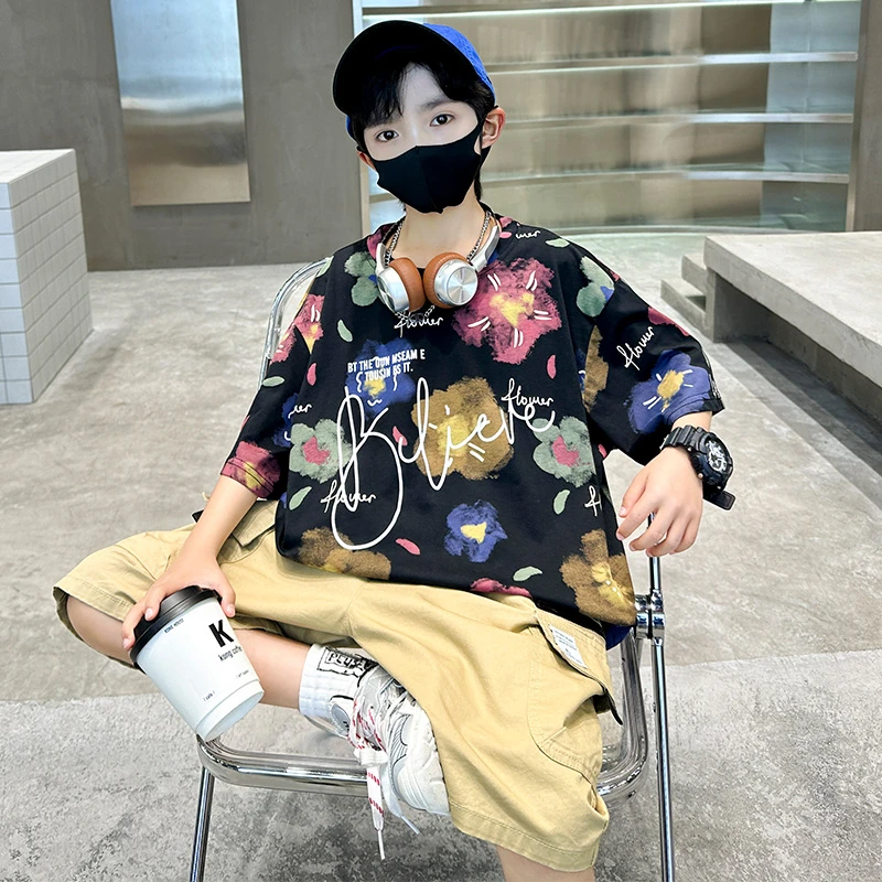 男童装6-12岁潮款半袖2025新款夏季帅气时髦中大童儿童宽松上衣潮