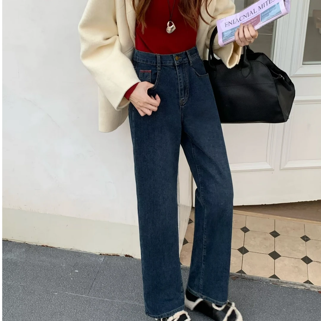 大码女装秋冬款时尚宽松百搭简约加厚毛巾底牛仔直筒拖地裤6550