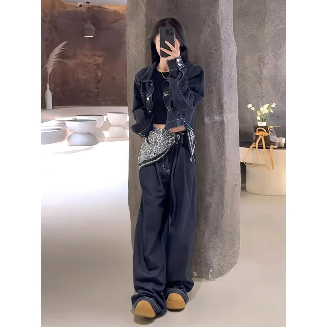 复古港风牛仔套装女2024秋季新款高级感时髦休闲外套阔脚裤两件套