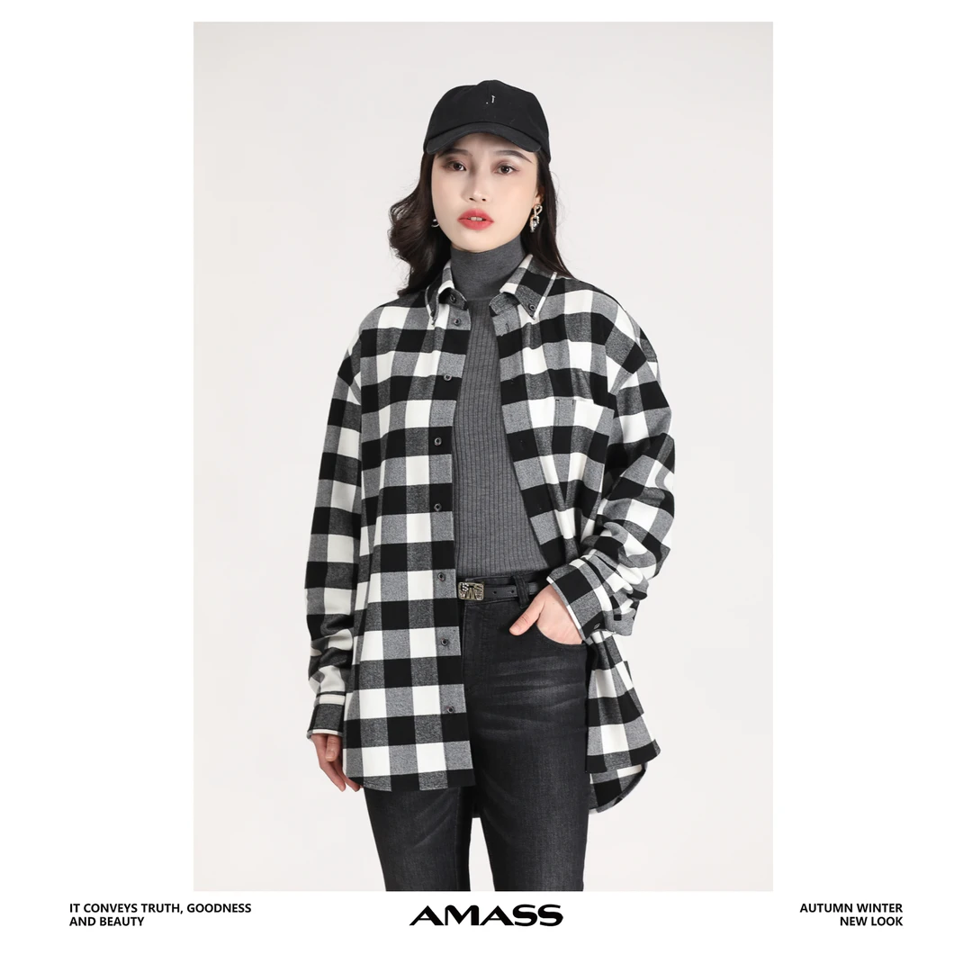 AMASS/阿玛施5300911新款男友风时尚休闲宽松黑白长袖衬衫棋盘格