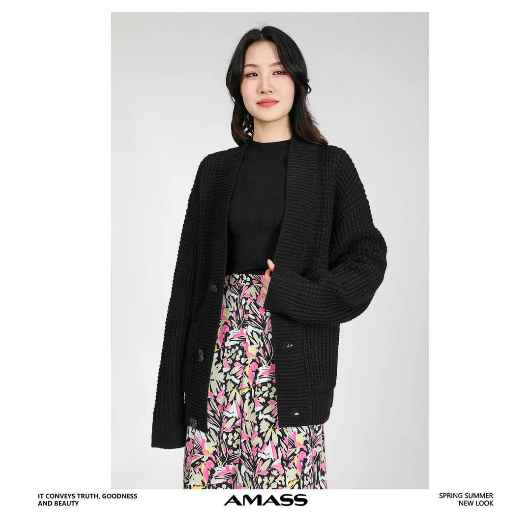 AMASS/阿玛施5499196 新款新中式时尚慵懒风百搭华夫格毛衣针织衫