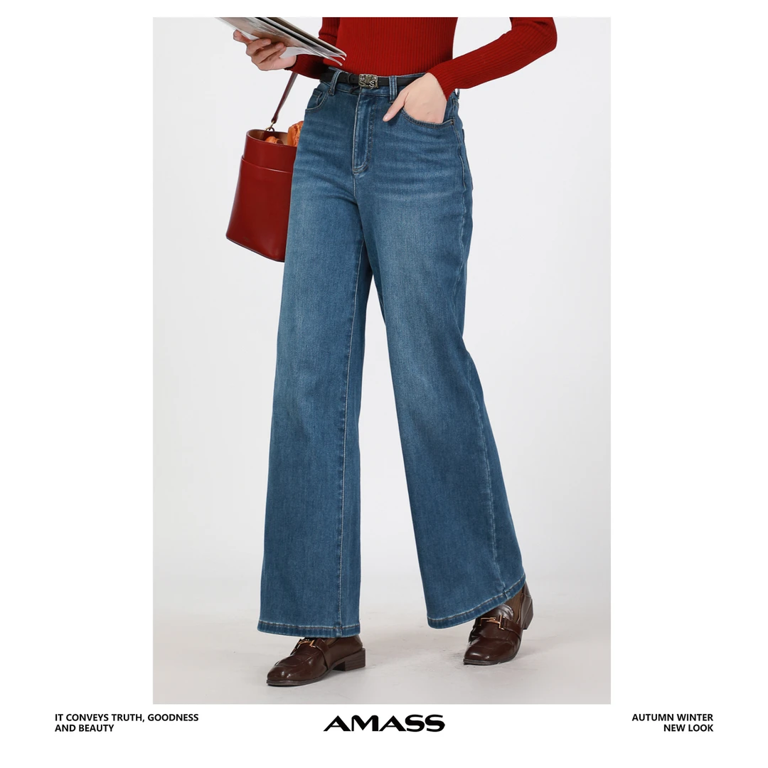 AMASS/阿玛施高腰加绒裤丹宁风显瘦百搭水洗直筒牛仔裤女5100388