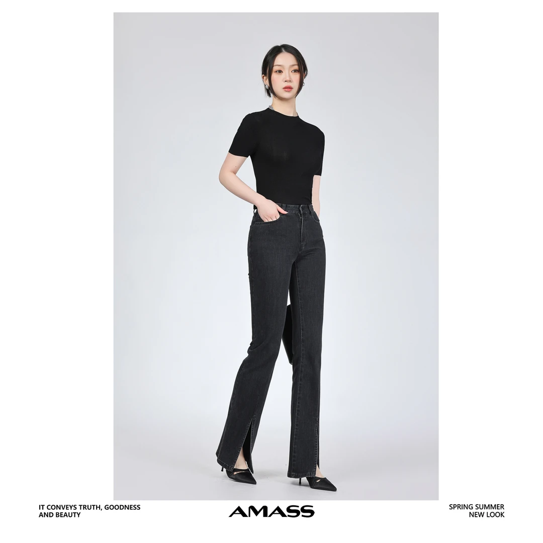 AMASS/阿玛施5100467 新款丹宁风简约休闲时尚个性开衩微喇牛仔裤
