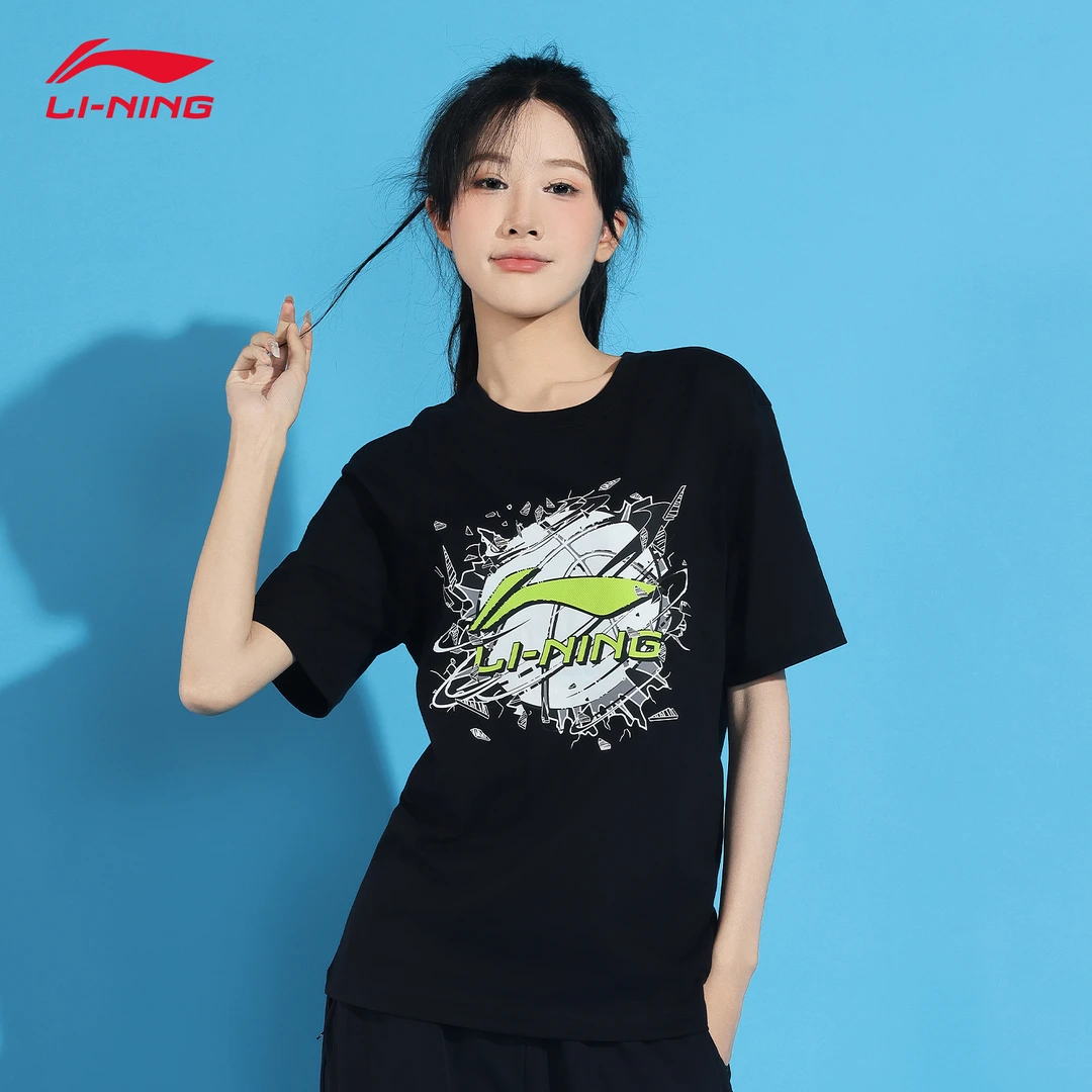 李宁短袖女款2024夏季新款透气运动宽松上衣印花纯棉百搭休闲T恤