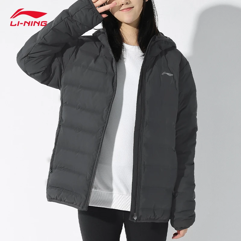 李宁羽绒服女款短款连帽秋冬季加厚保暖宽松防风连帽运动服黑色