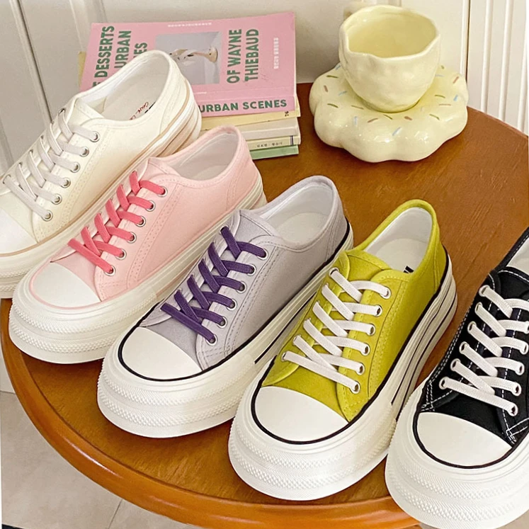 帆布鞋女2024春夏秋季新款低帮松糕厚底圆头系带运动休闲单鞋