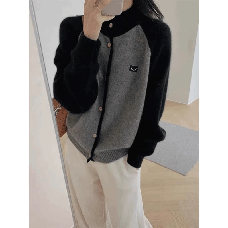 3594撞色圆领针织开衫外套女欧洲站欧货韩系风长袖针织衫毛衣