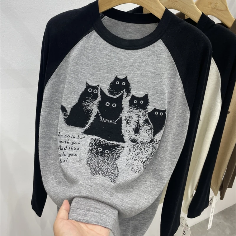 3553早秋新款时尚猫咪插肩袖撞色拼接长袖T恤圆领针织衫上衣