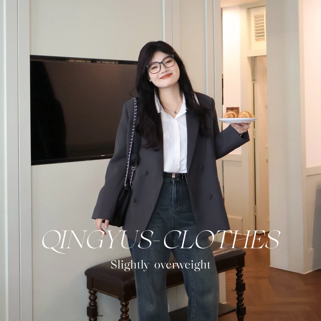 QINGYUS-微胖显瘦大码廓形宽松百搭西装外套秋季女装通勤休闲西服