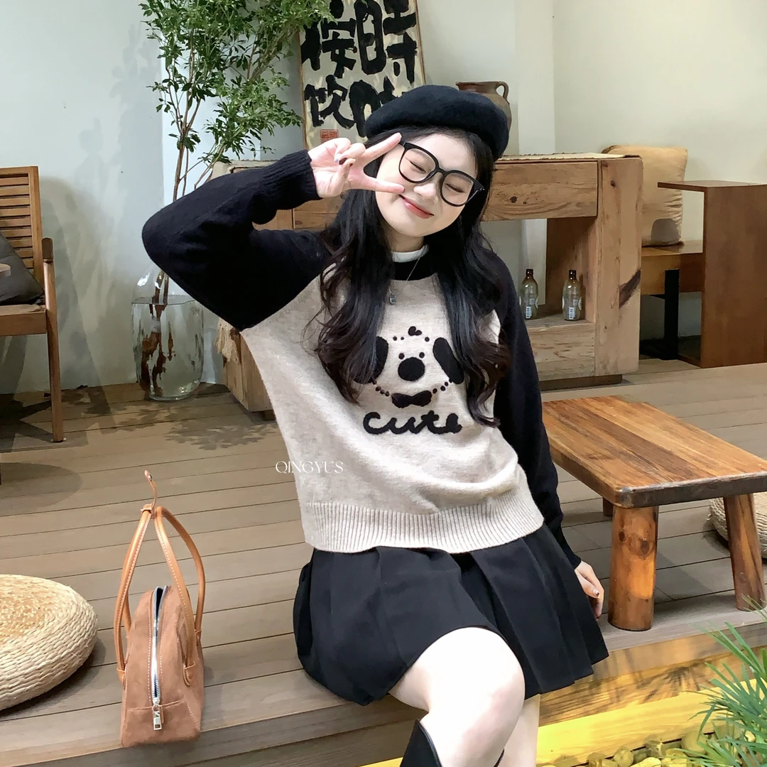 QINGYUS-大码女装冬季学院风百搭宽松针织衫微胖显瘦撞色小狗上衣