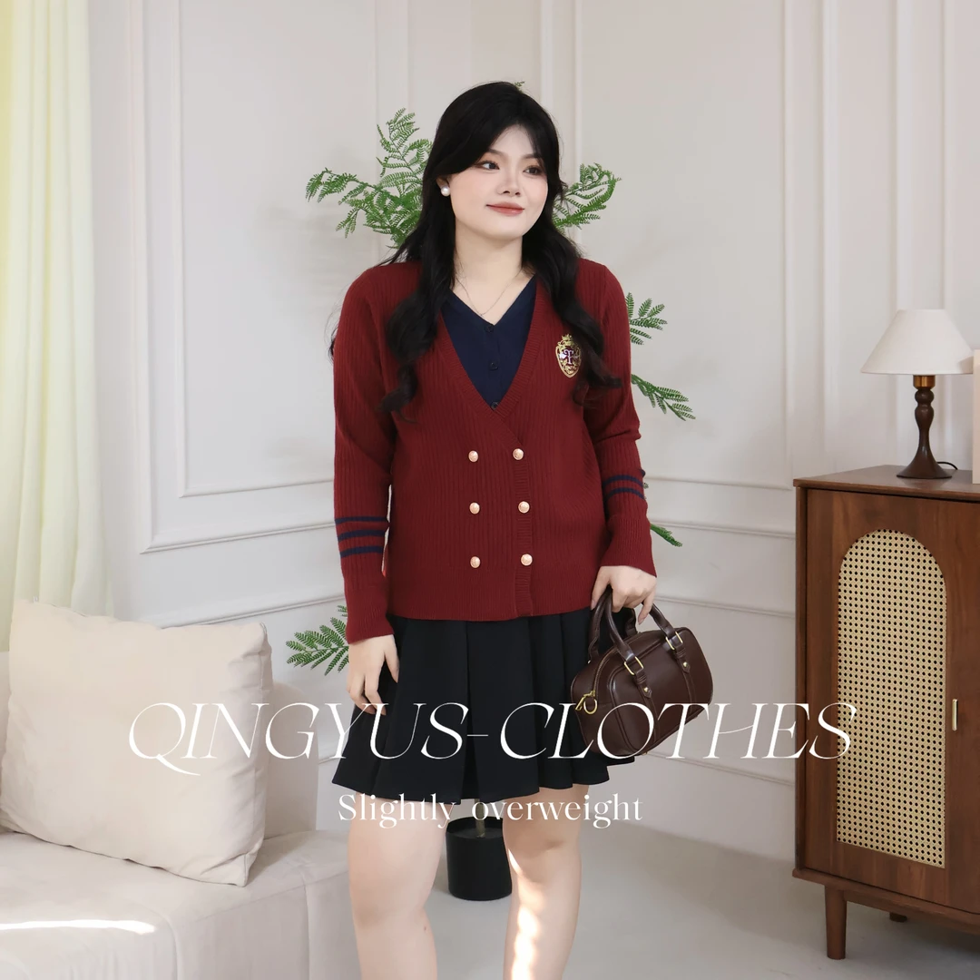 【青屿衫】微胖显瘦大码女装冬季高级感学院风V领针织衫假两件上衣